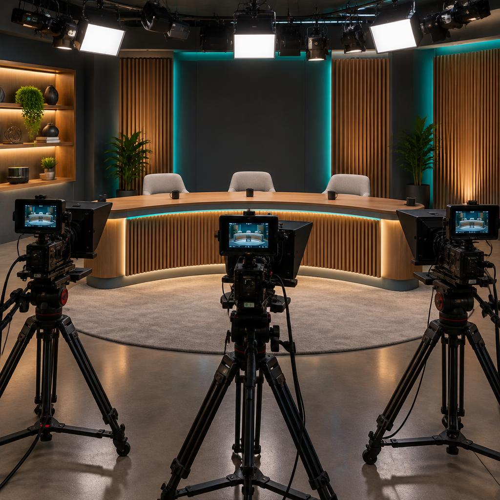 AI-skapat bildförslag på företagsstudio med tre kameror och intervjubord