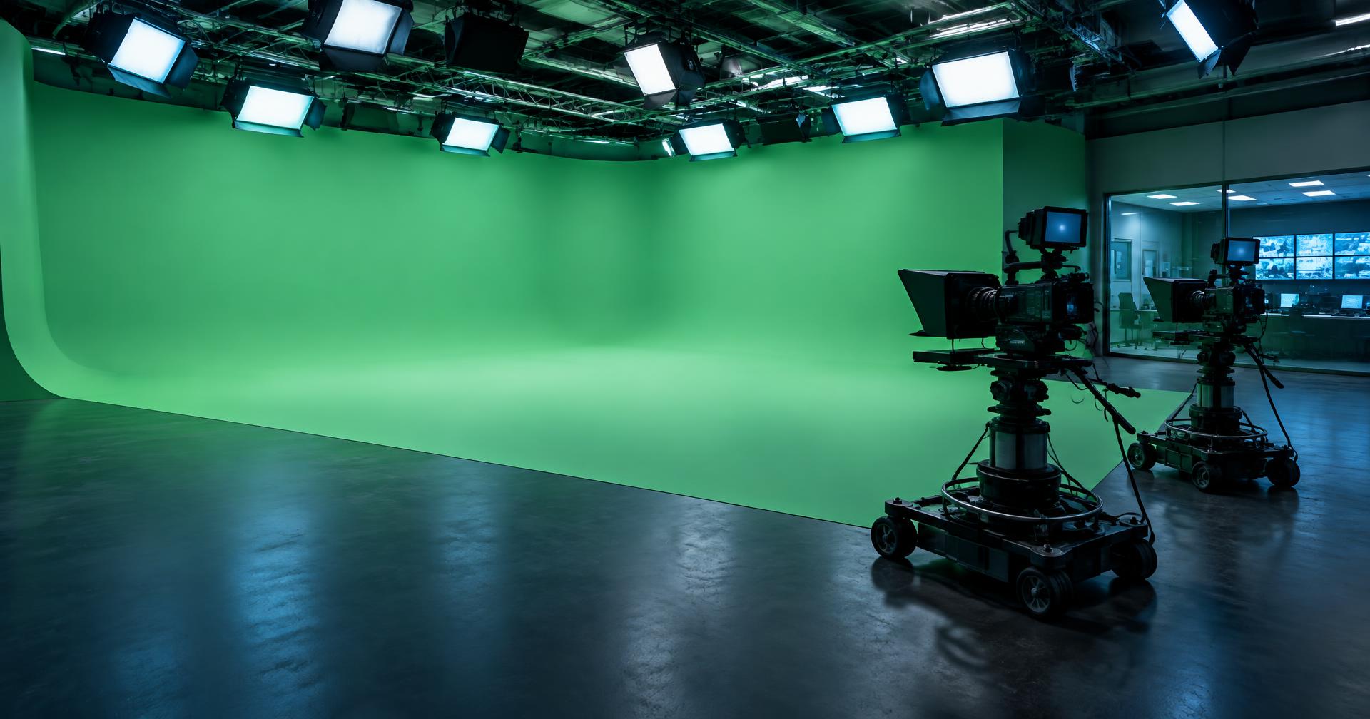 AI-skapat bildförslag på företagsstudio med green screen och kontrollrum